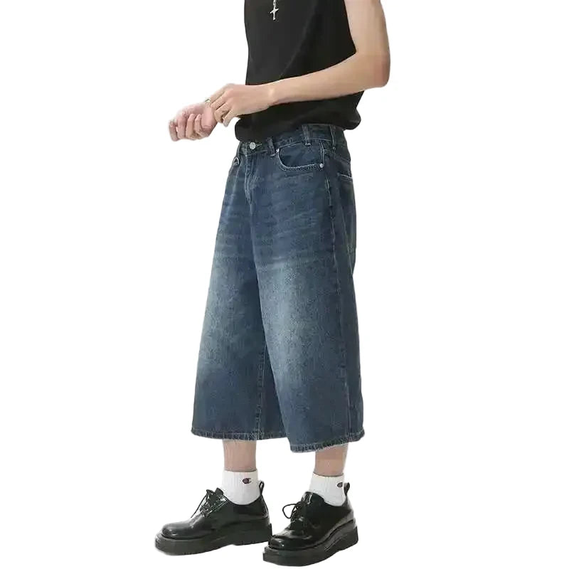 Wide Leg Long Denim Shorts