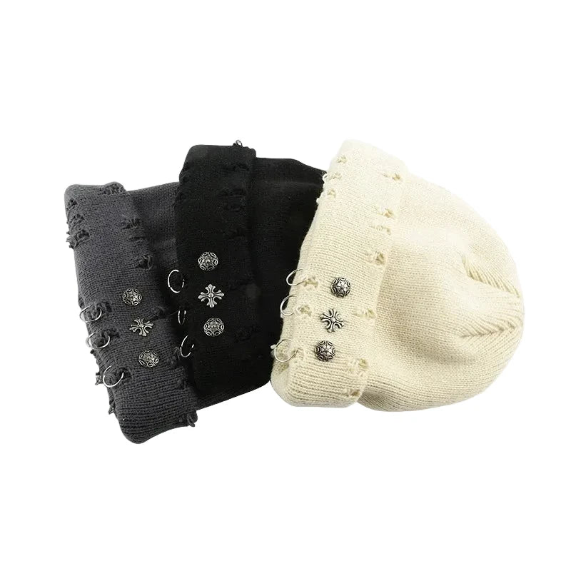 Distressed Cross Charm Knit Beanie