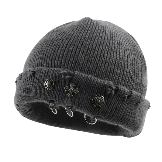 Distressed Cross Charm Knit Beanie