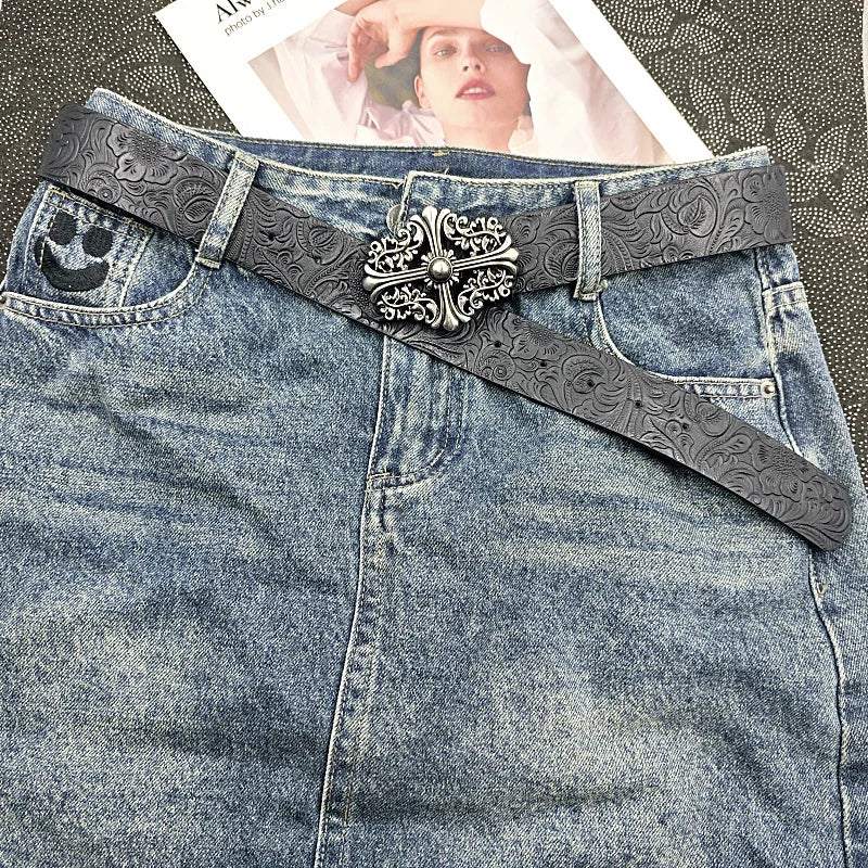 Gothic Cross Buckle Western Engraved Belt