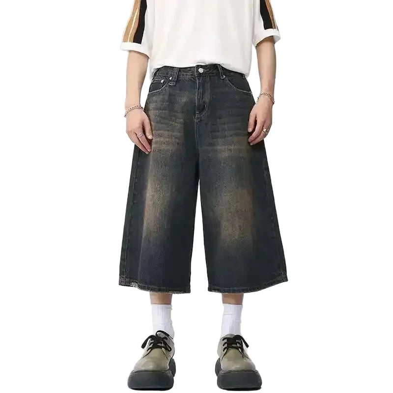 Wide Leg Long Denim Shorts
