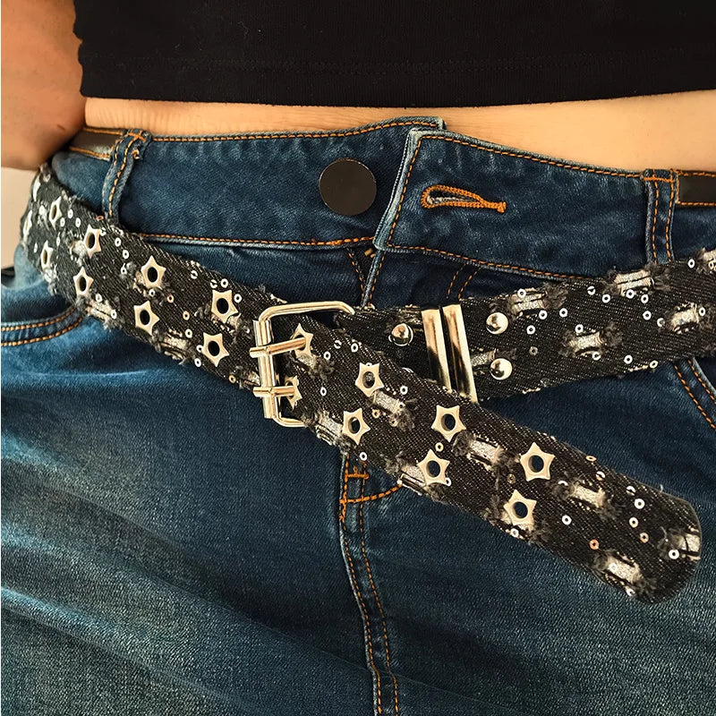 Distressed Denim Star Belt