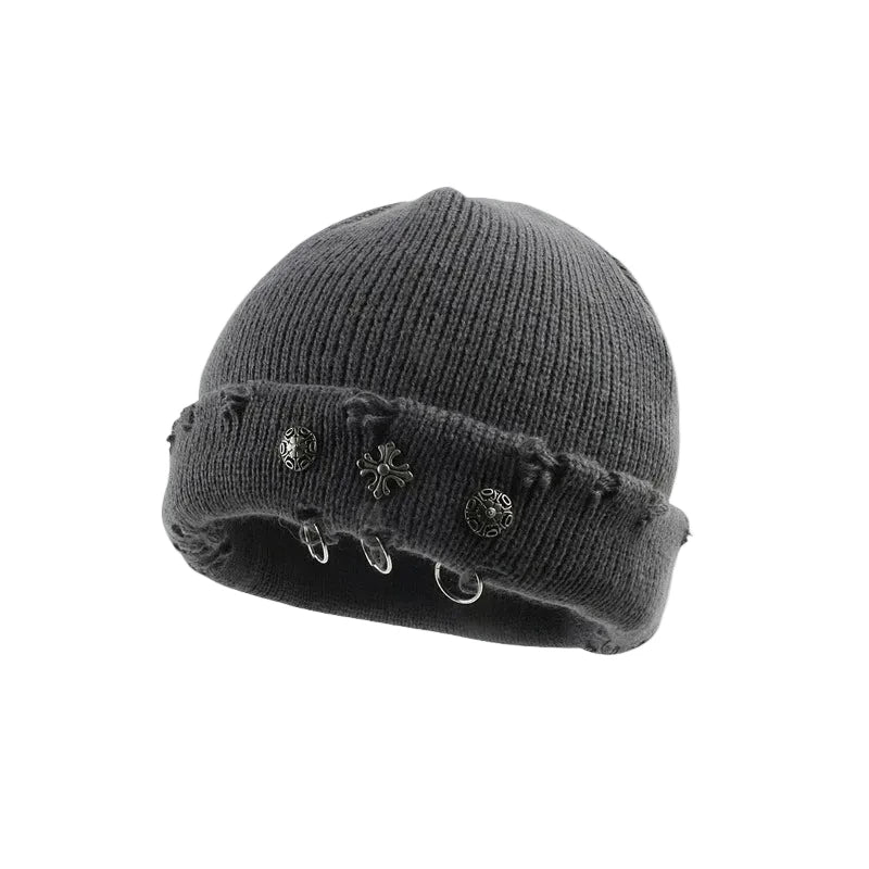 Distressed Cross Charm Knit Beanie