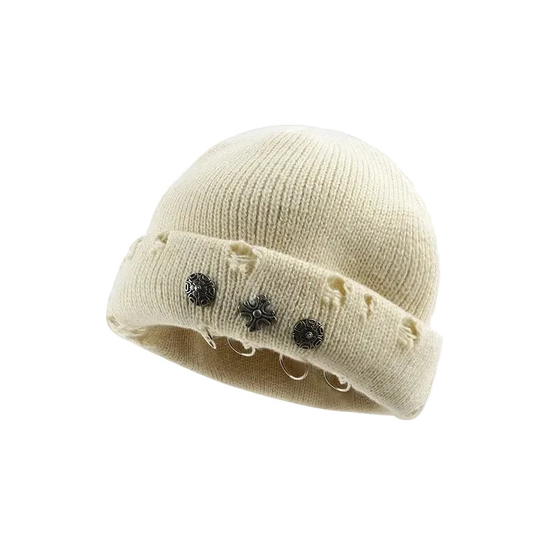 Distressed Cross Charm Knit Beanie