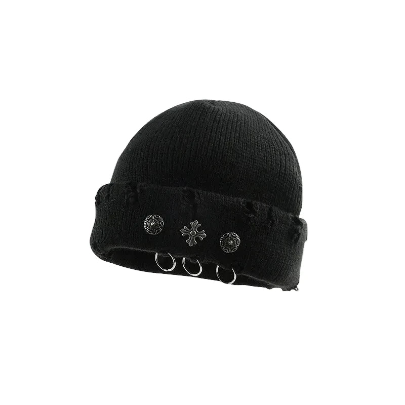 Distressed Cross Charm Knit Beanie