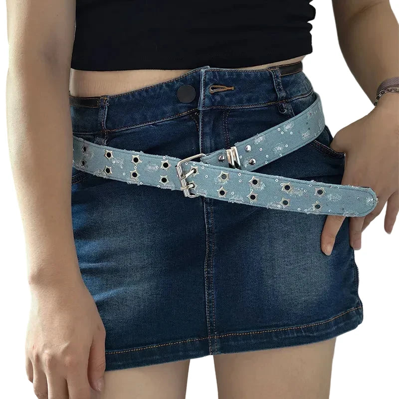 Distressed Denim Star Belt