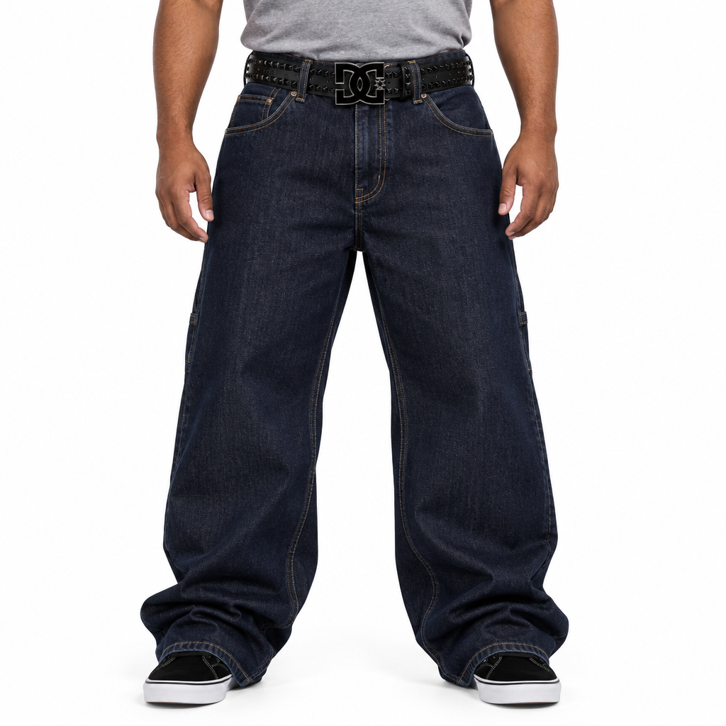 Black DC belt with oversized indigo skate jeans