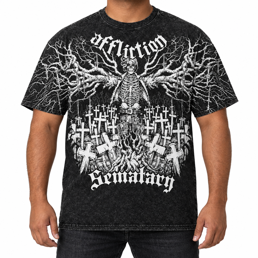 Black skeleton tee on a broad, medium-brown-skinned male model