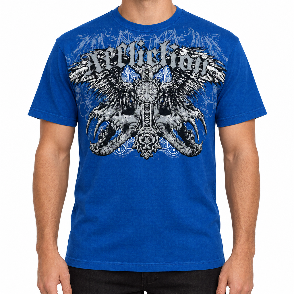 Blue graphic T-shirt on a model, cropped below the face against a white background