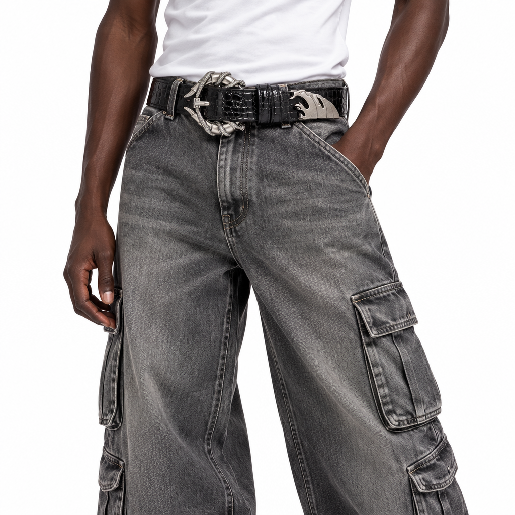 Crocodile-textured belt with gray cargo jeans