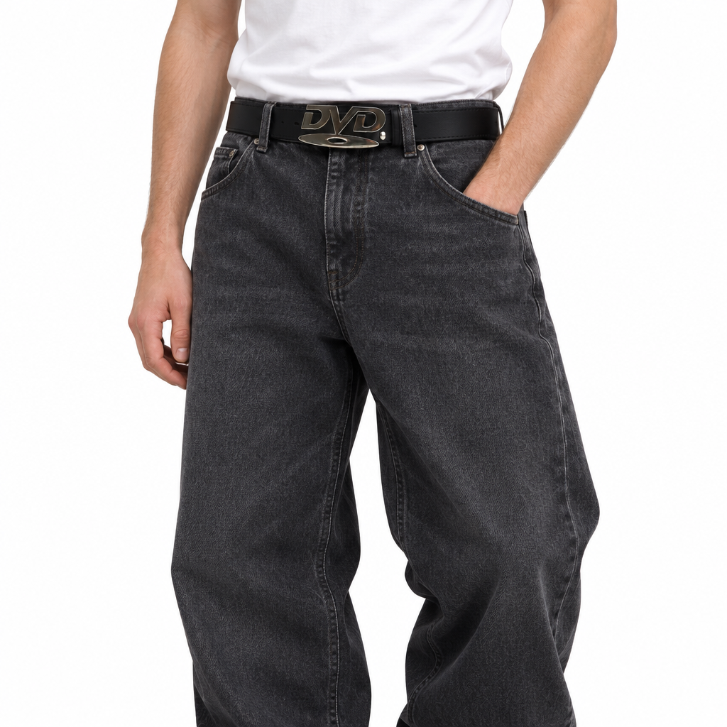 DVD buckle belt with charcoal skate jeans