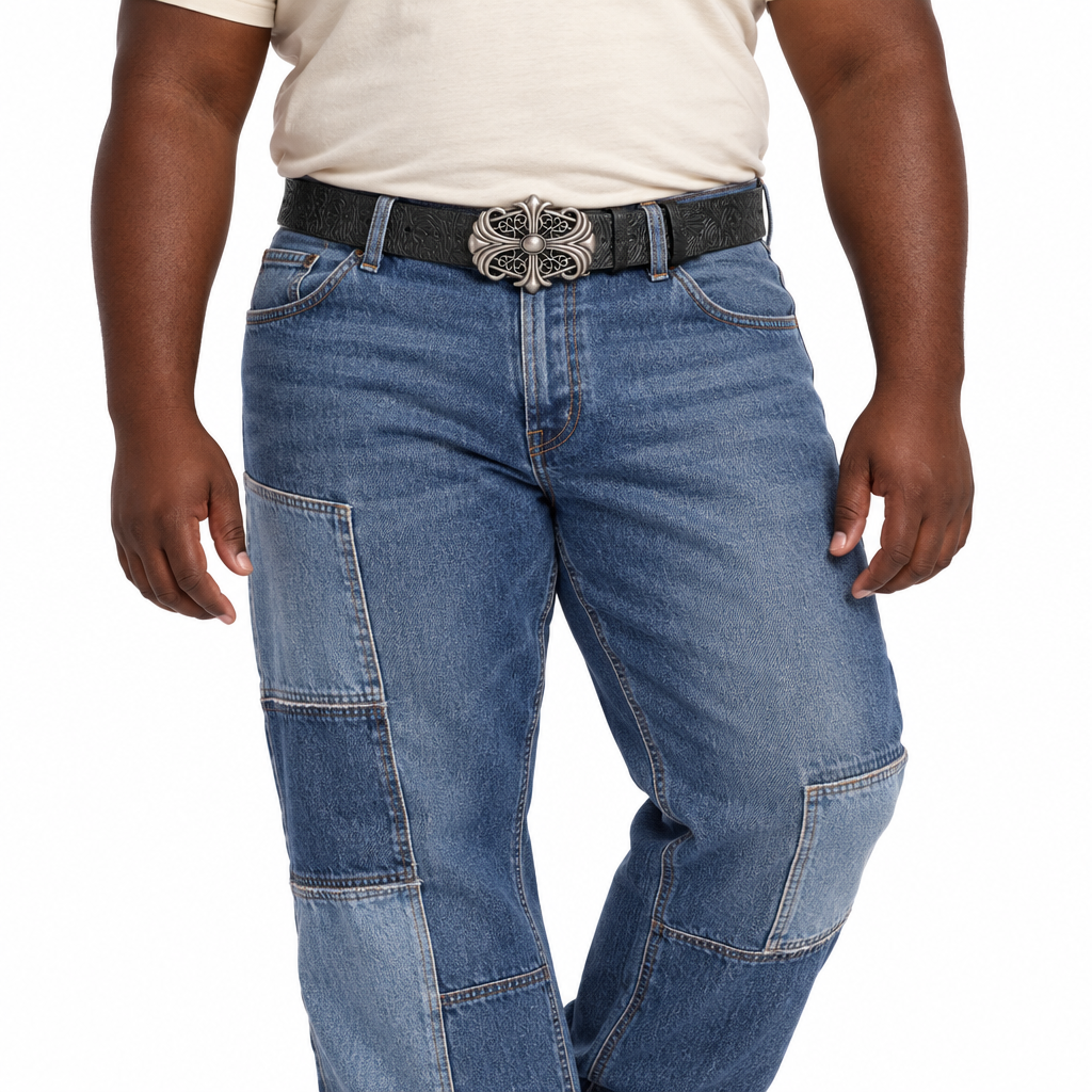 Gothic cross belt with blue patchwork jeans
