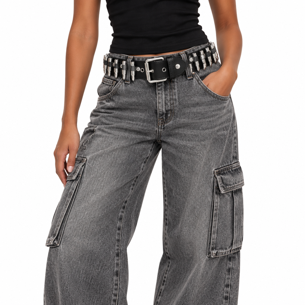 Silver bullet-stud belt with gray cargo jeans
