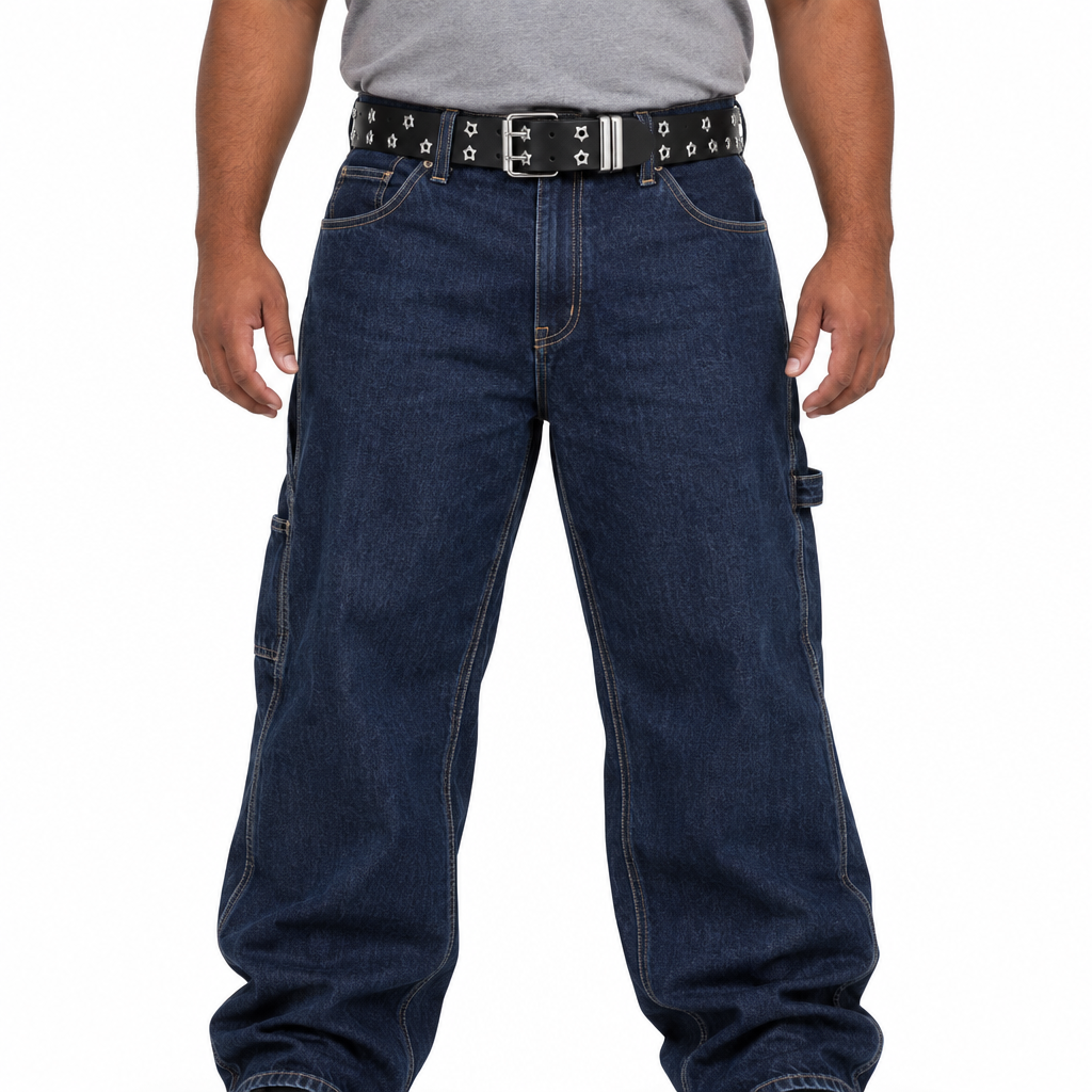 Star-eyelet belt with indigo carpenter jeans