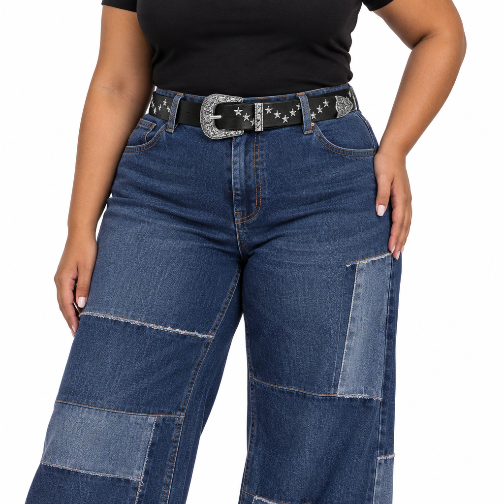 Western star belt with patchwork wide-leg jeans