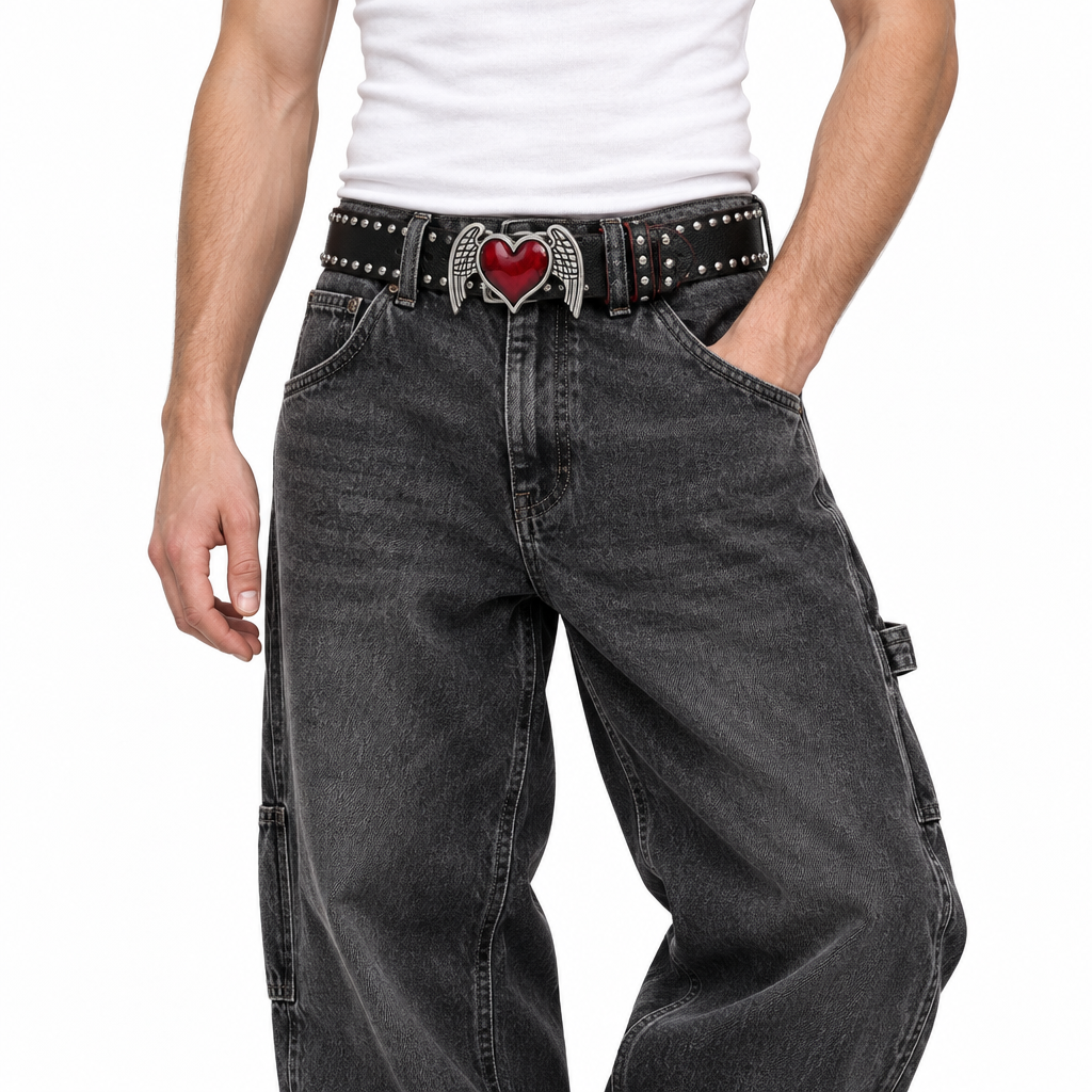 Winged heart belt with charcoal carpenter jeans